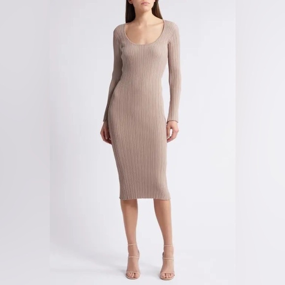 WAYF  Alexi Long Sleeve Rib Dress - Beige - Picture 1 of 9